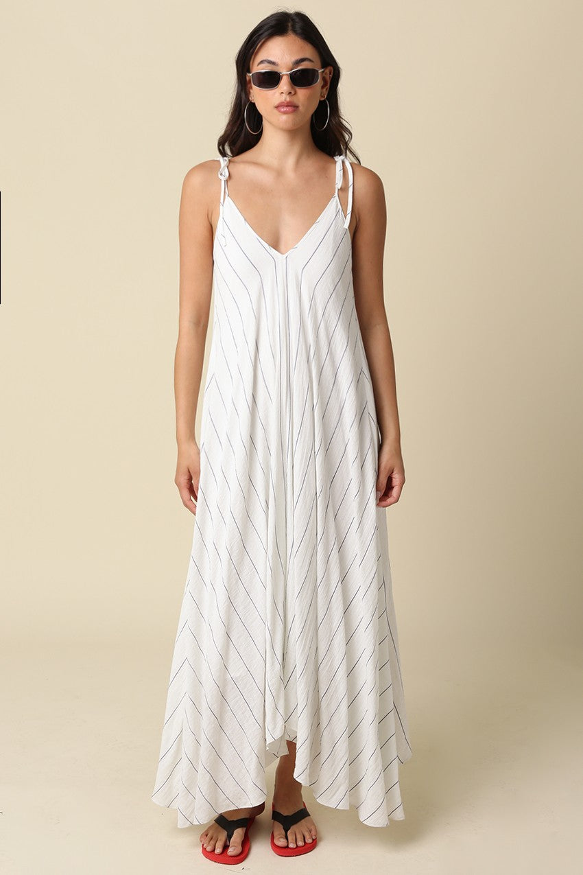 White Blue Striped Shoulder Tie Maternity Maxi Dress
