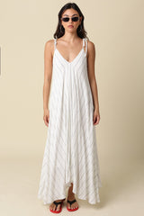 White Blue Striped Shoulder Tie Maternity Maxi Dress