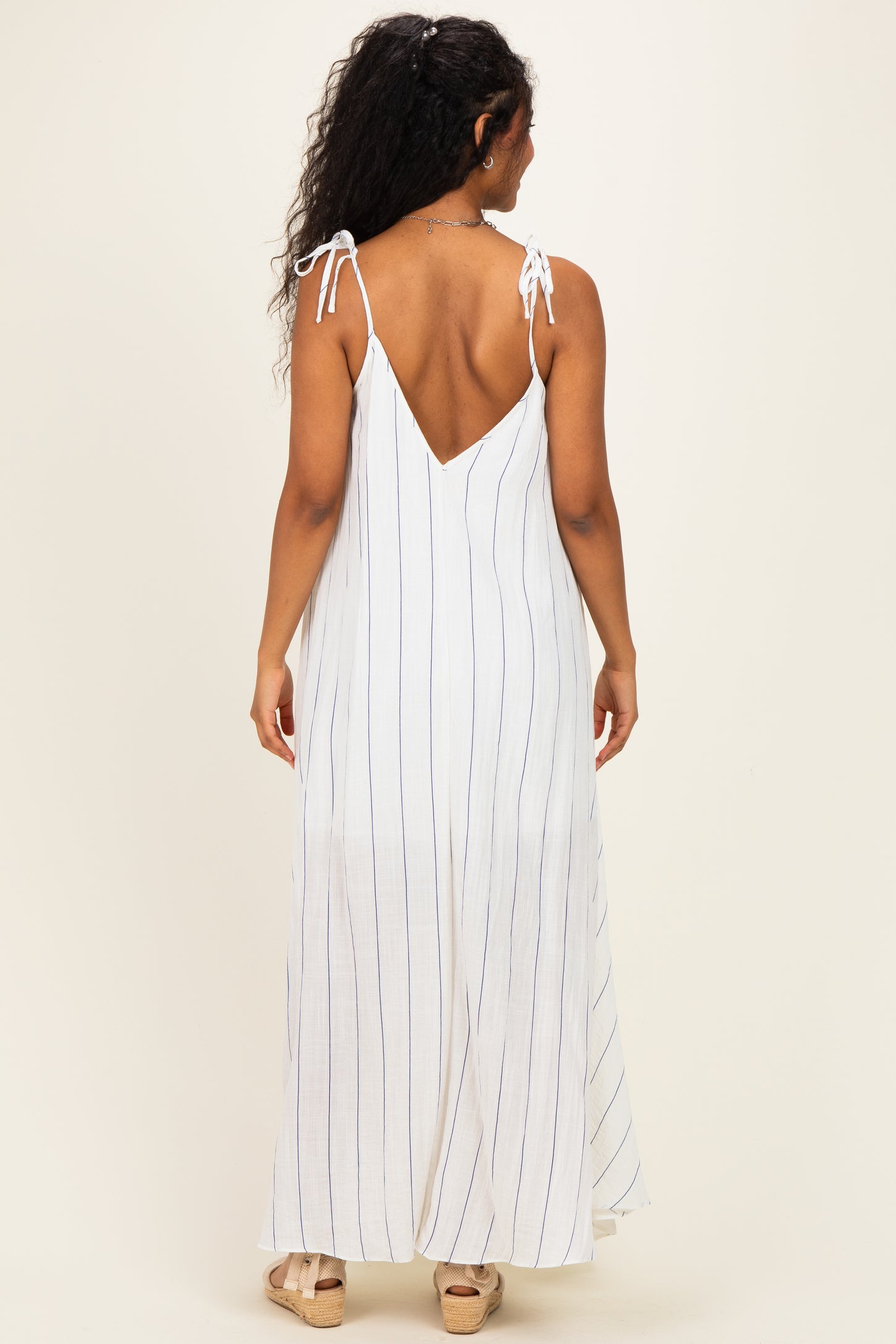 White Blue Striped Shoulder Tie Maternity Maxi Dress