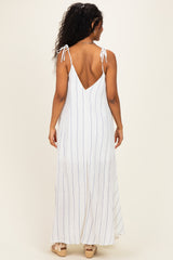 White Blue Striped Shoulder Tie Maternity Maxi Dress