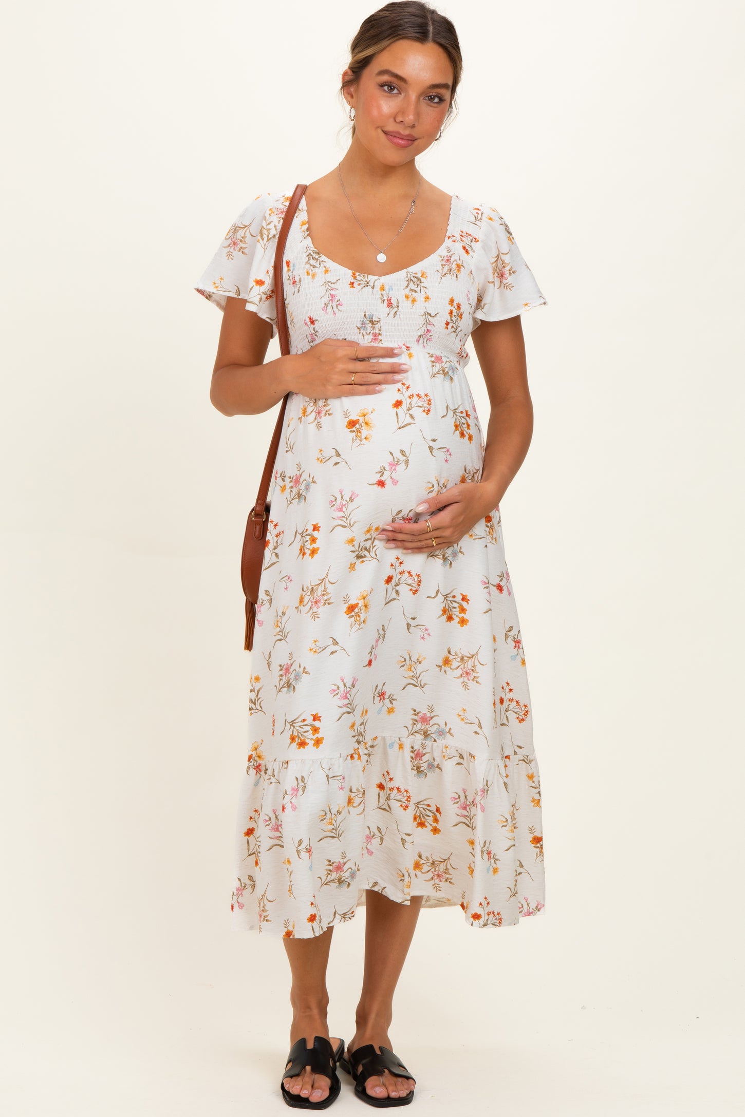 Ivory Floral Flutter Sleeve Smocked Maternity Midi Dress