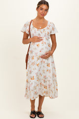 Ivory Floral Flutter Sleeve Smocked Maternity Midi Dress