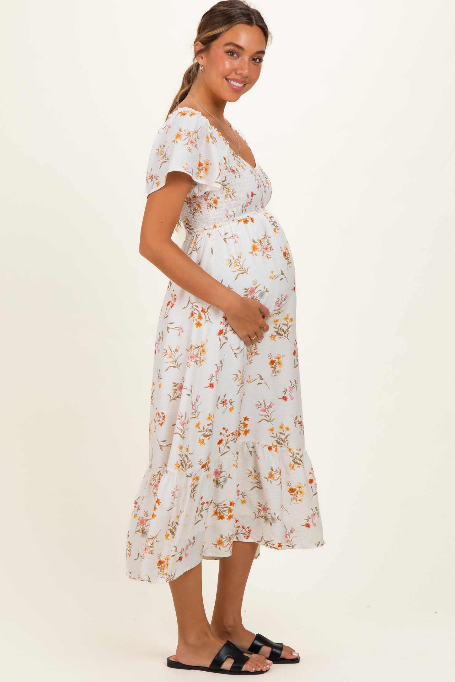 Ivory Floral Flutter Sleeve Smocked Maternity Midi Dress