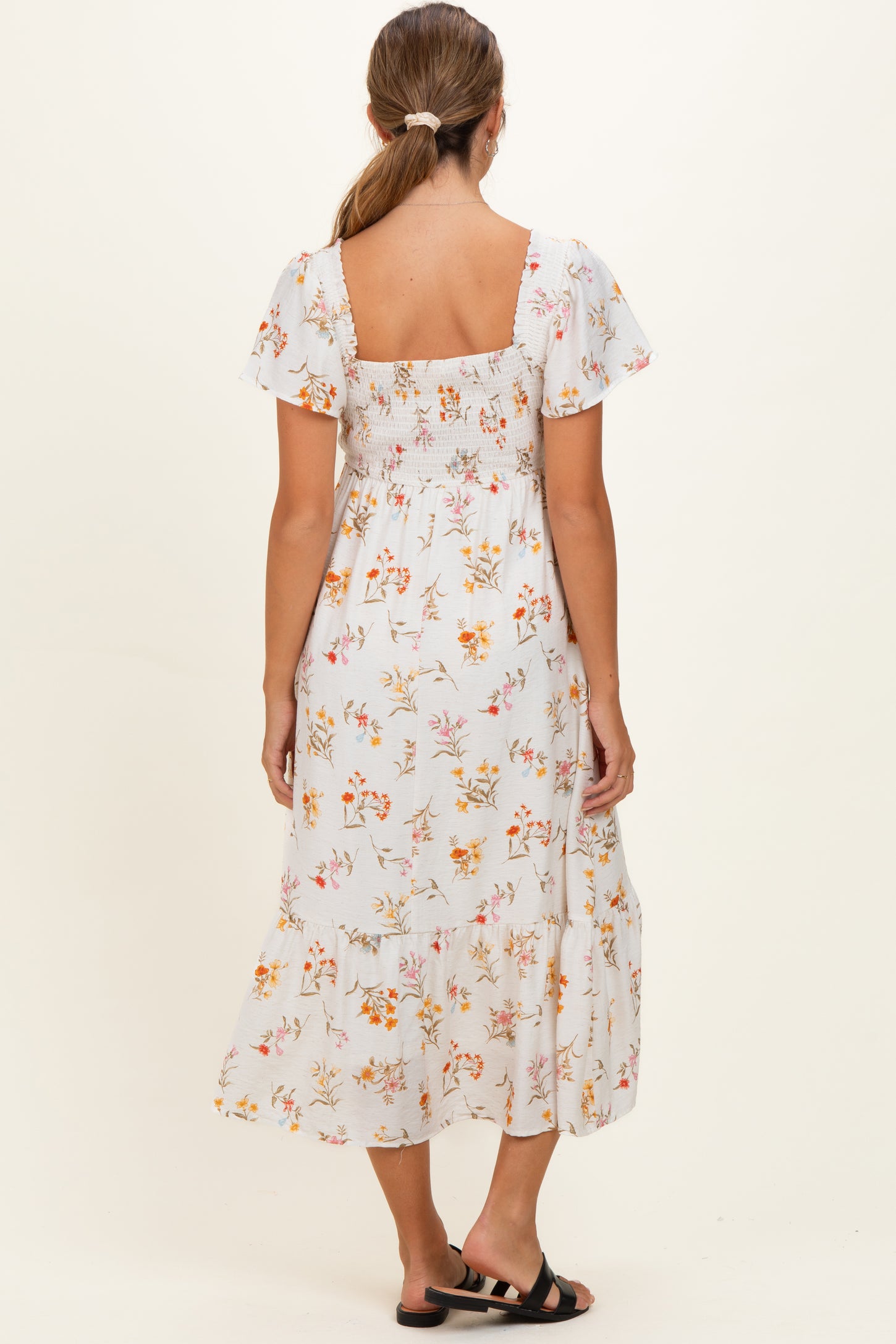 Ivory Floral Flutter Sleeve Smocked Maternity Midi Dress