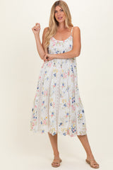 Ivory Floral Flutter Sleeve Smocked Maternity Midi Dress