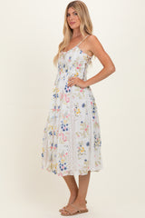Ivory Floral Flutter Sleeve Smocked Midi Dress