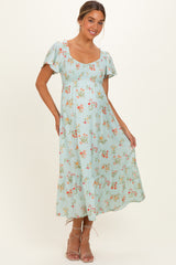 Sage Floral Flutter Sleeve Smocked Maternity Midi Dress