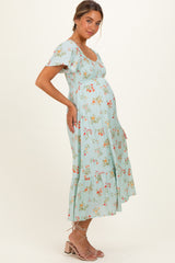 Sage Floral Flutter Sleeve Smocked Maternity Midi Dress