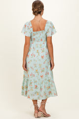 Sage Floral Flutter Sleeve Smocked Maternity Midi Dress