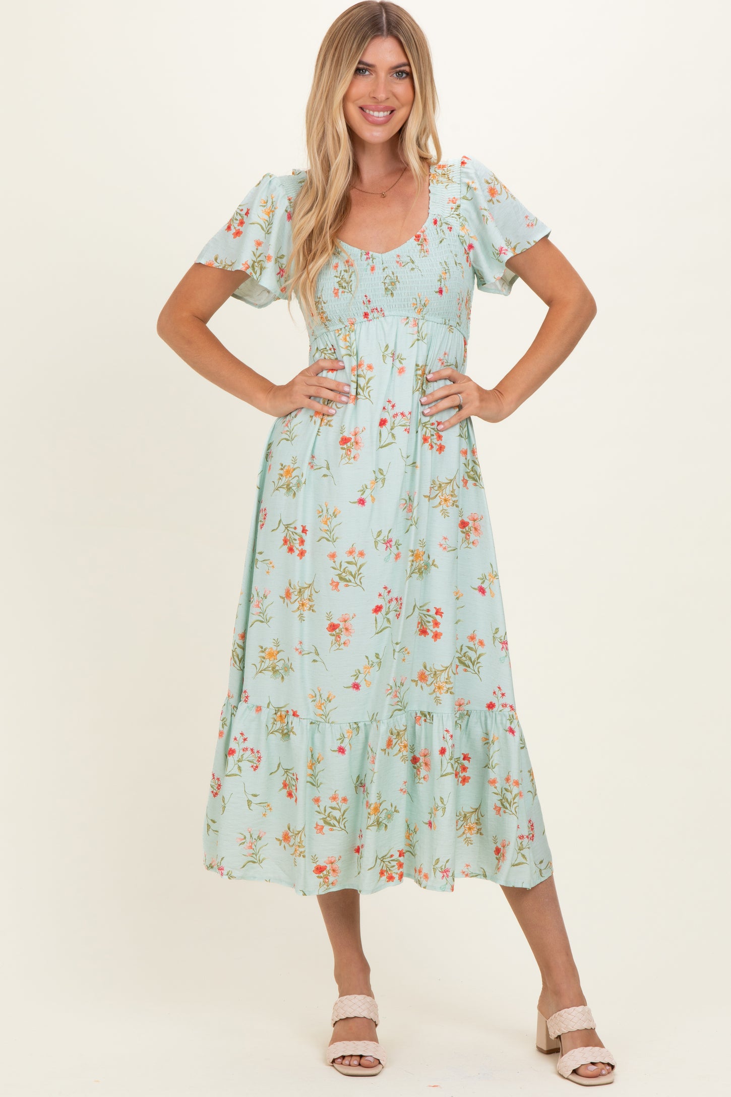 Sage Floral Flutter Sleeve Smocked Maternity Midi Dress