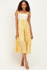 Yellow Striped Floral Shoulder Tie Maternity Midi Dress