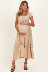 Khaki Button Accent Smocked Ruffle Maternity Midi Dress