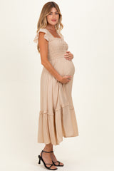 Khaki Button Accent Smocked Ruffle Maternity Midi Dress