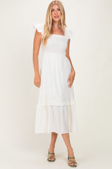 Natural Button Accent Smocked Ruffle Maternity Midi Dress
