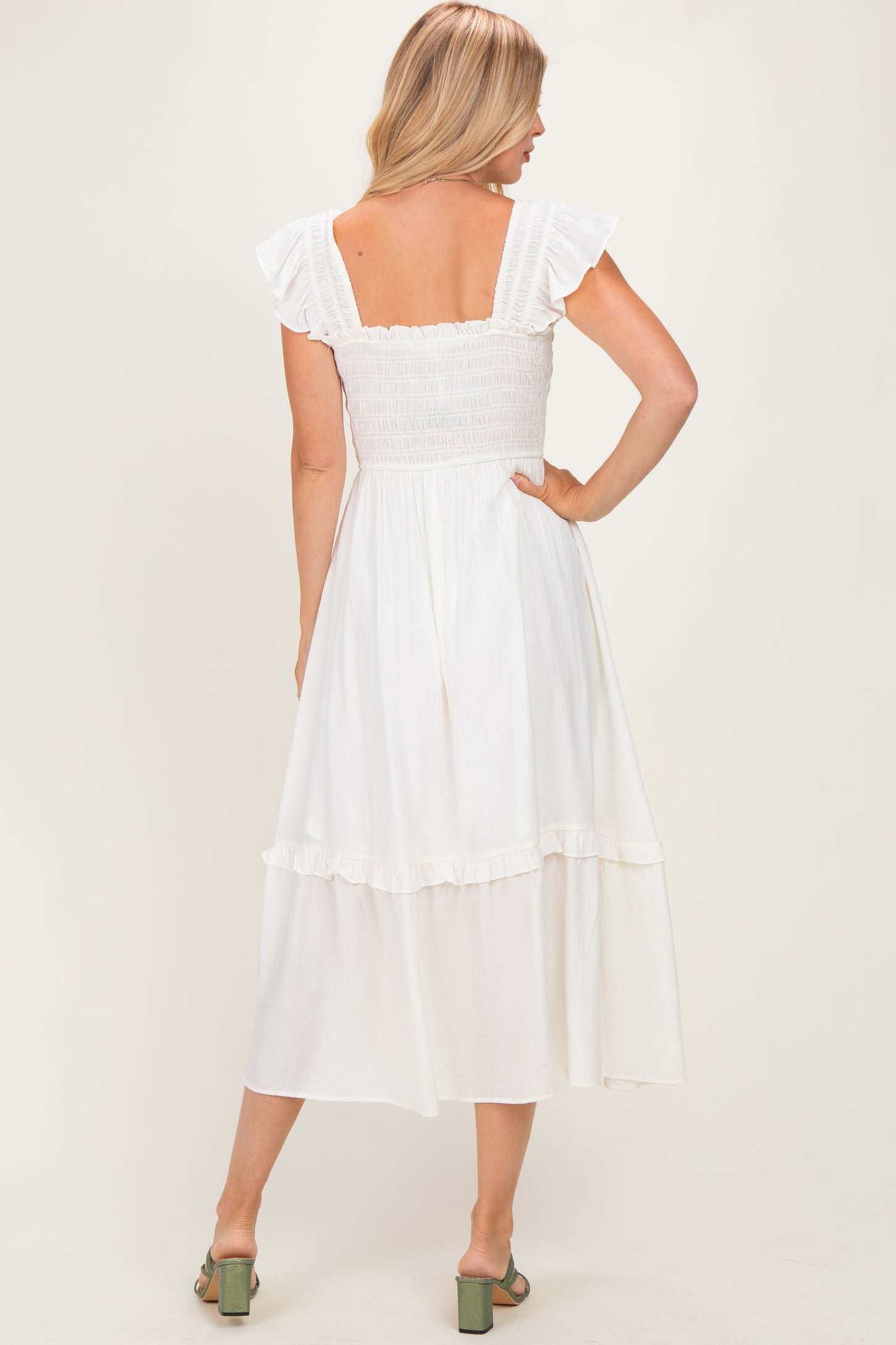 Natural Button Accent Smocked Ruffle Midi Dress