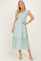 Light Blue Button Accent Smocked Ruffle Maternity Midi Dress