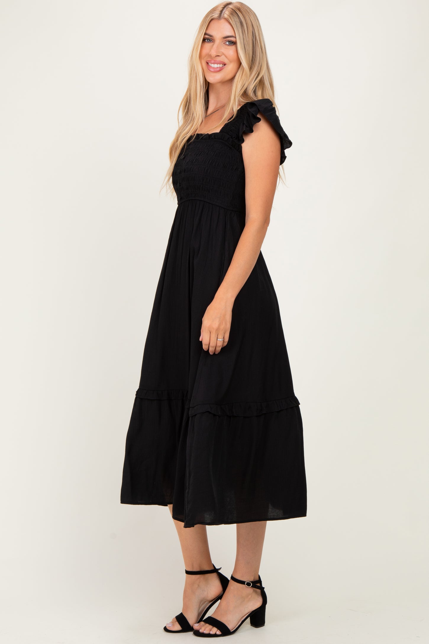 Black Button Accent Smocked Ruffle Midi Dress