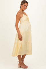 Butter Yellow Pleated Front Tie Sleeveless Maternity Midi Dress