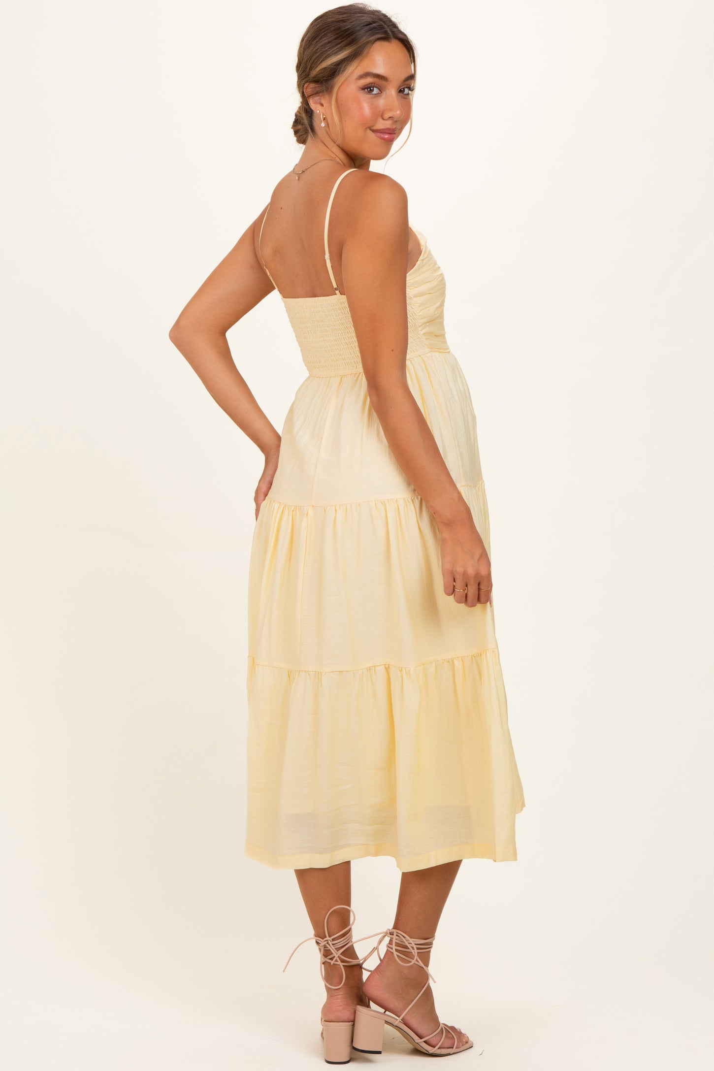 Butter Yellow Pleated Front Tie Sleeveless Maternity Midi Dress