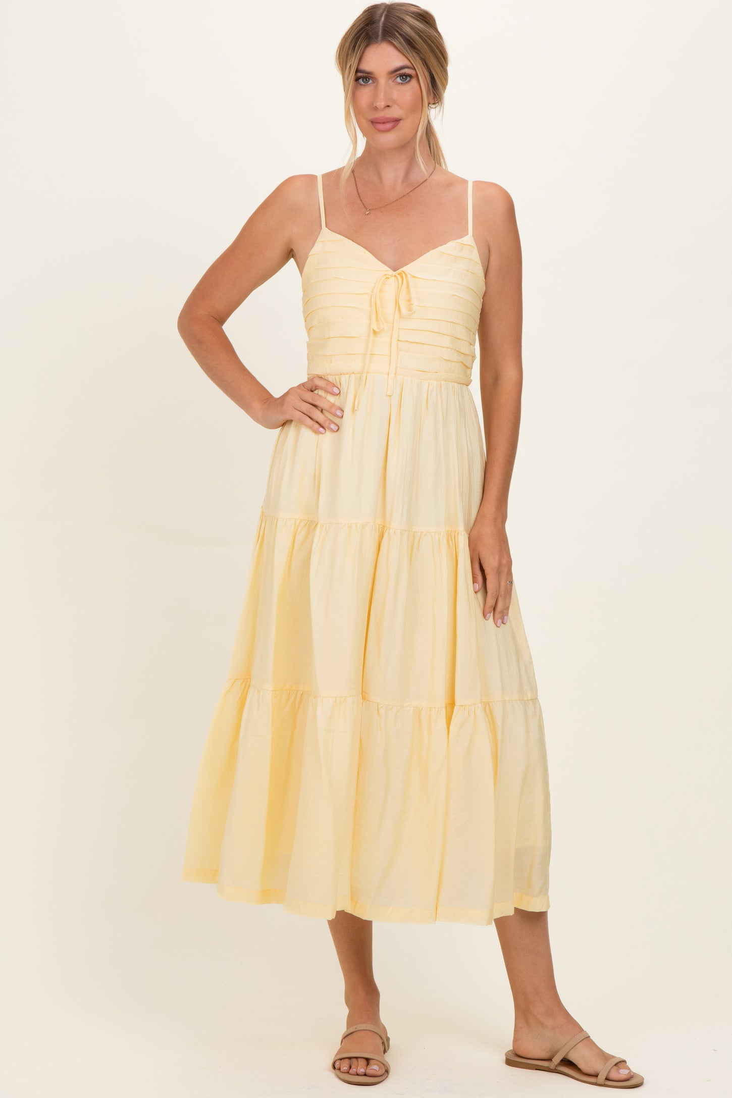 Butter Yellow Pleated Front Tie Sleeveless Maternity Midi Dress