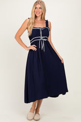 Navy Front Tie Sleeveless Midi Dress
