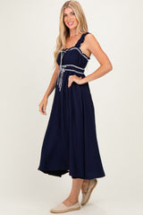 Navy Front Tie Sleeveless Midi Dress