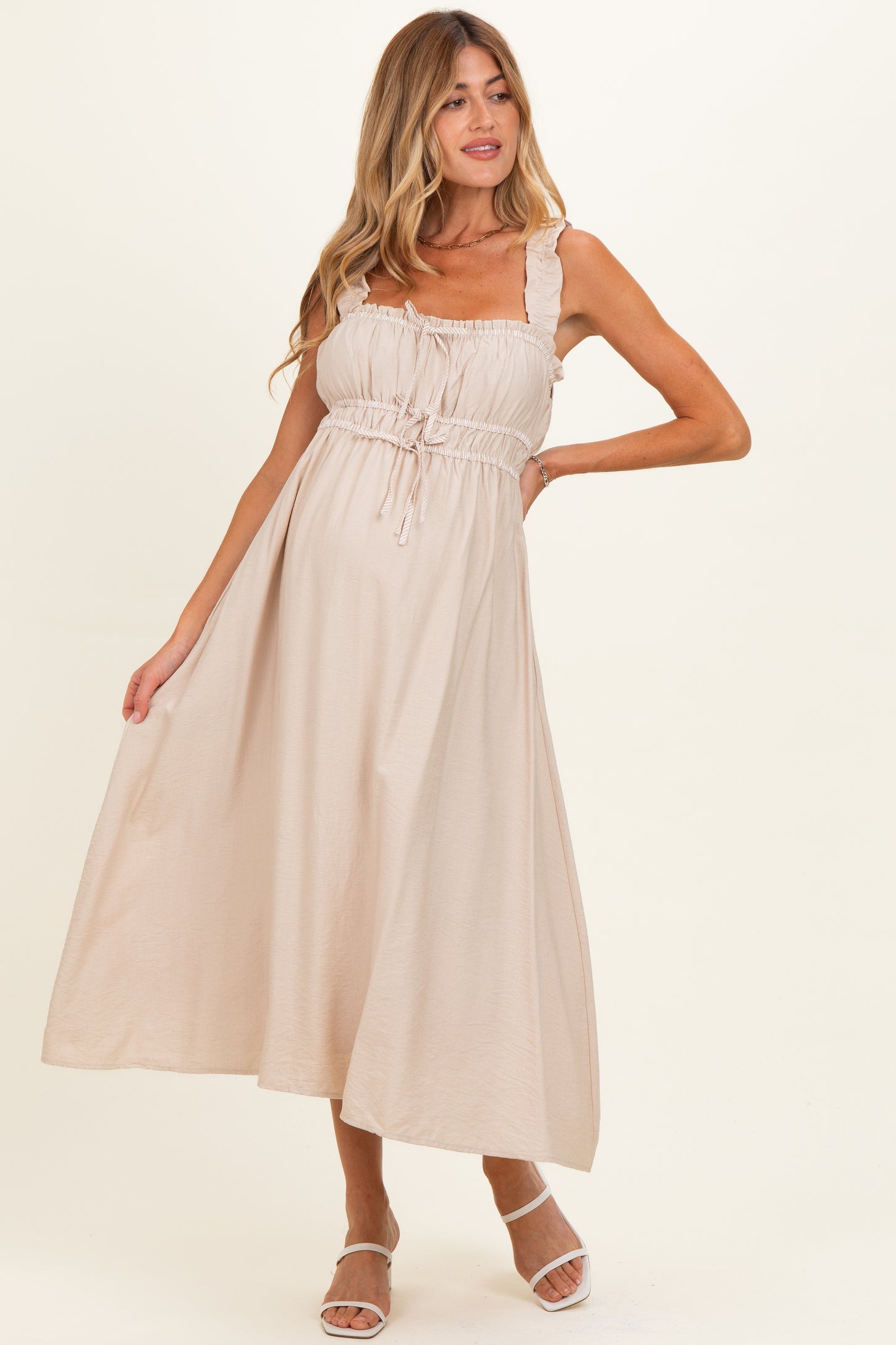 Khaki Front Tie Sleeveless Maternity Midi Dress