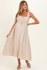 Khaki Front Tie Sleeveless Maternity Midi Dress