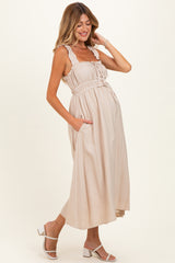 Khaki Front Tie Sleeveless Maternity Midi Dress