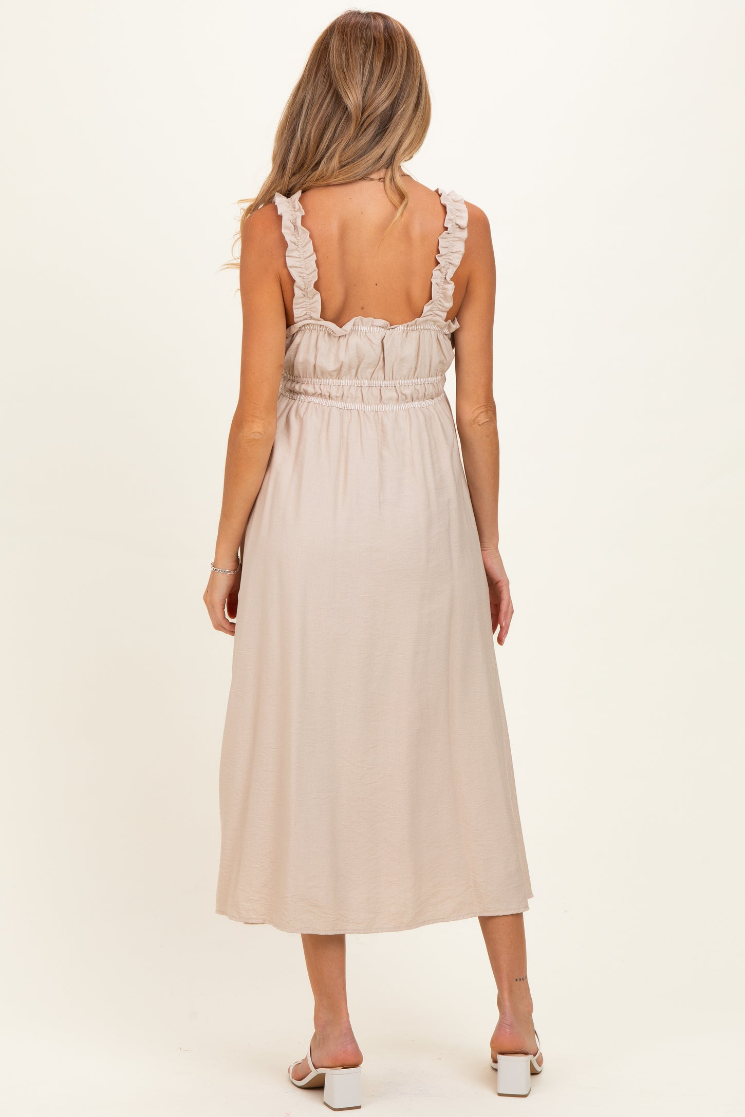 Khaki Front Tie Sleeveless Maternity Midi Dress