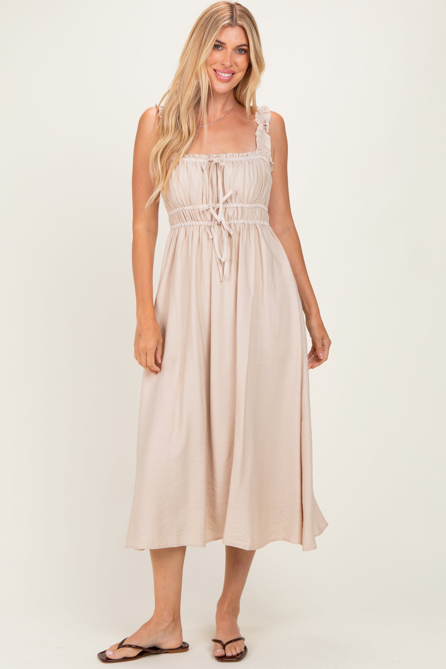 Khaki Front Tie Sleeveless Maternity Midi Dress