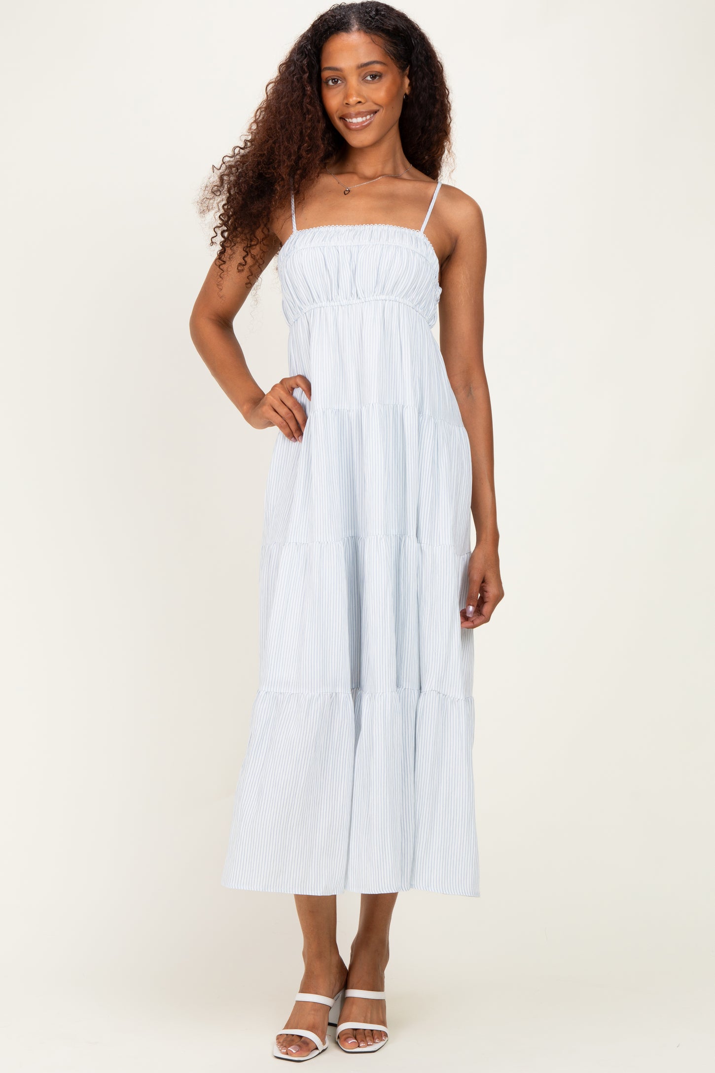 Blue Striped Empire Waist Tiered Midi Dress