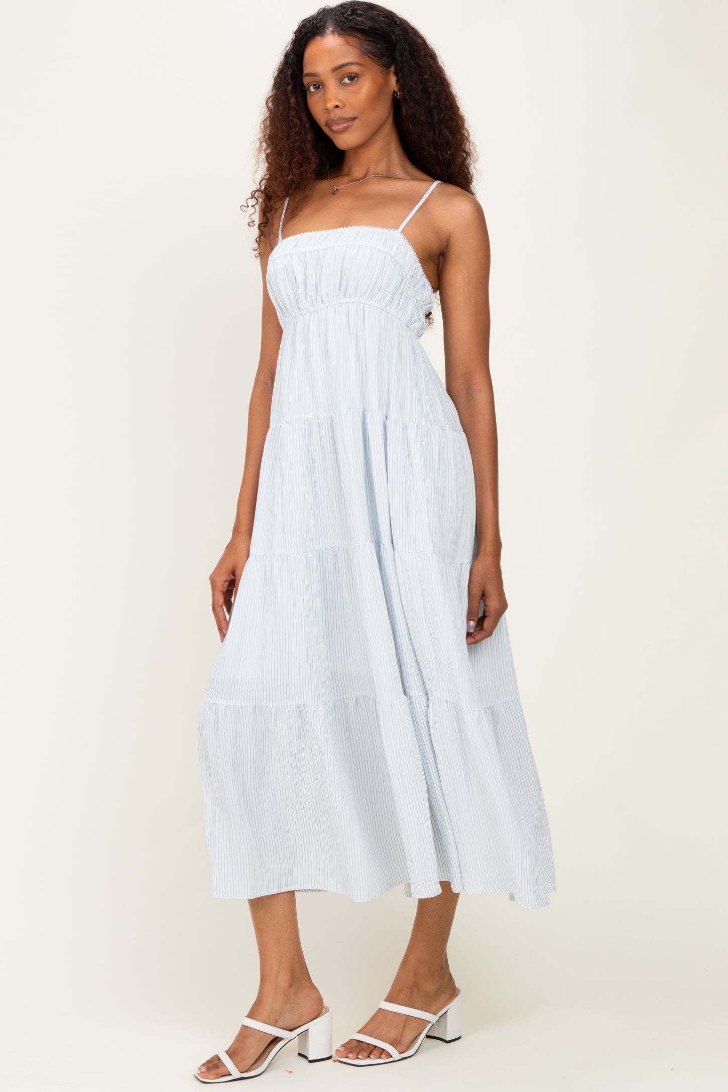 Blue Striped Empire Waist Tiered Midi Dress
