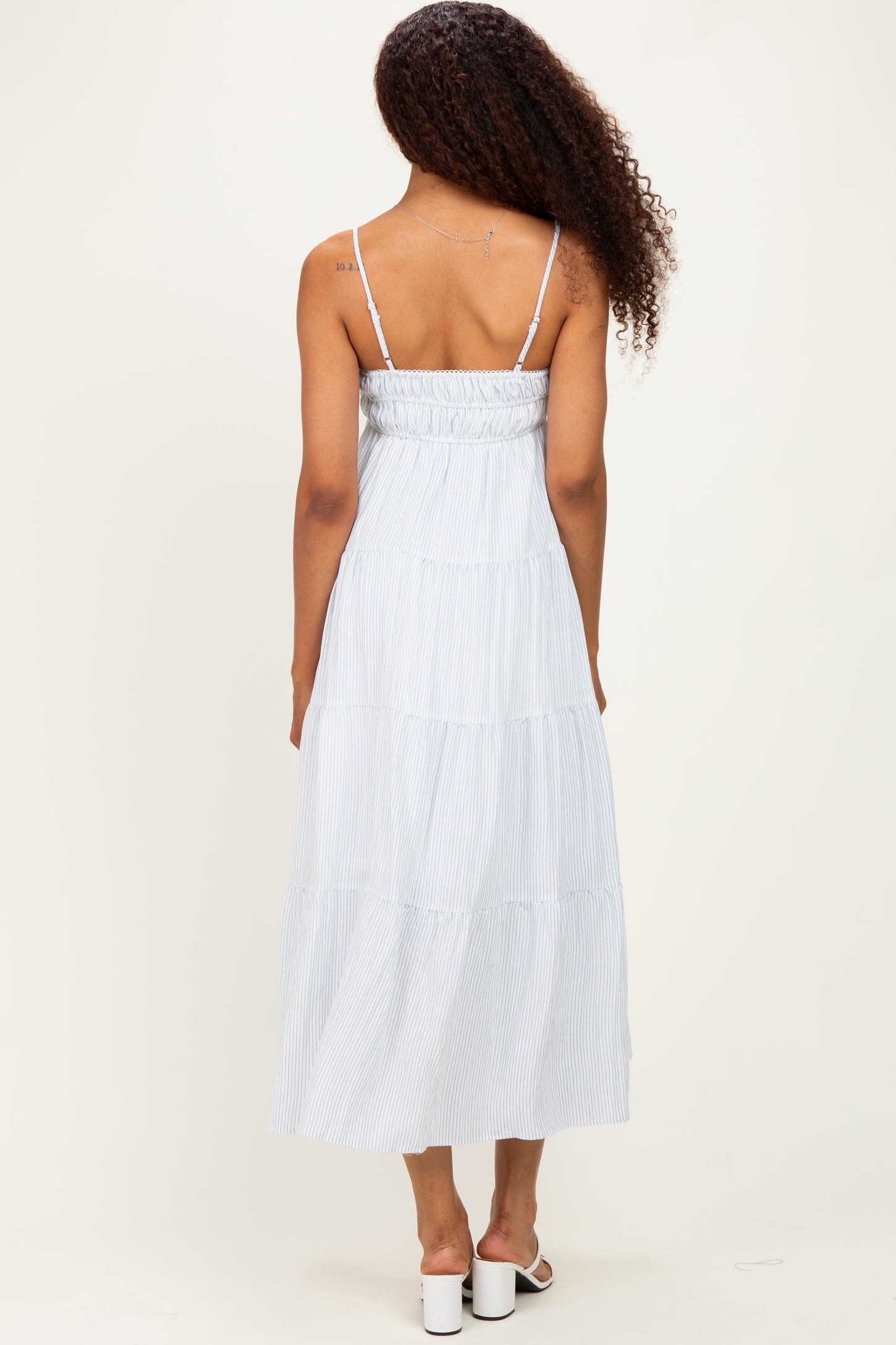Blue Striped Empire Waist Tiered Midi Dress