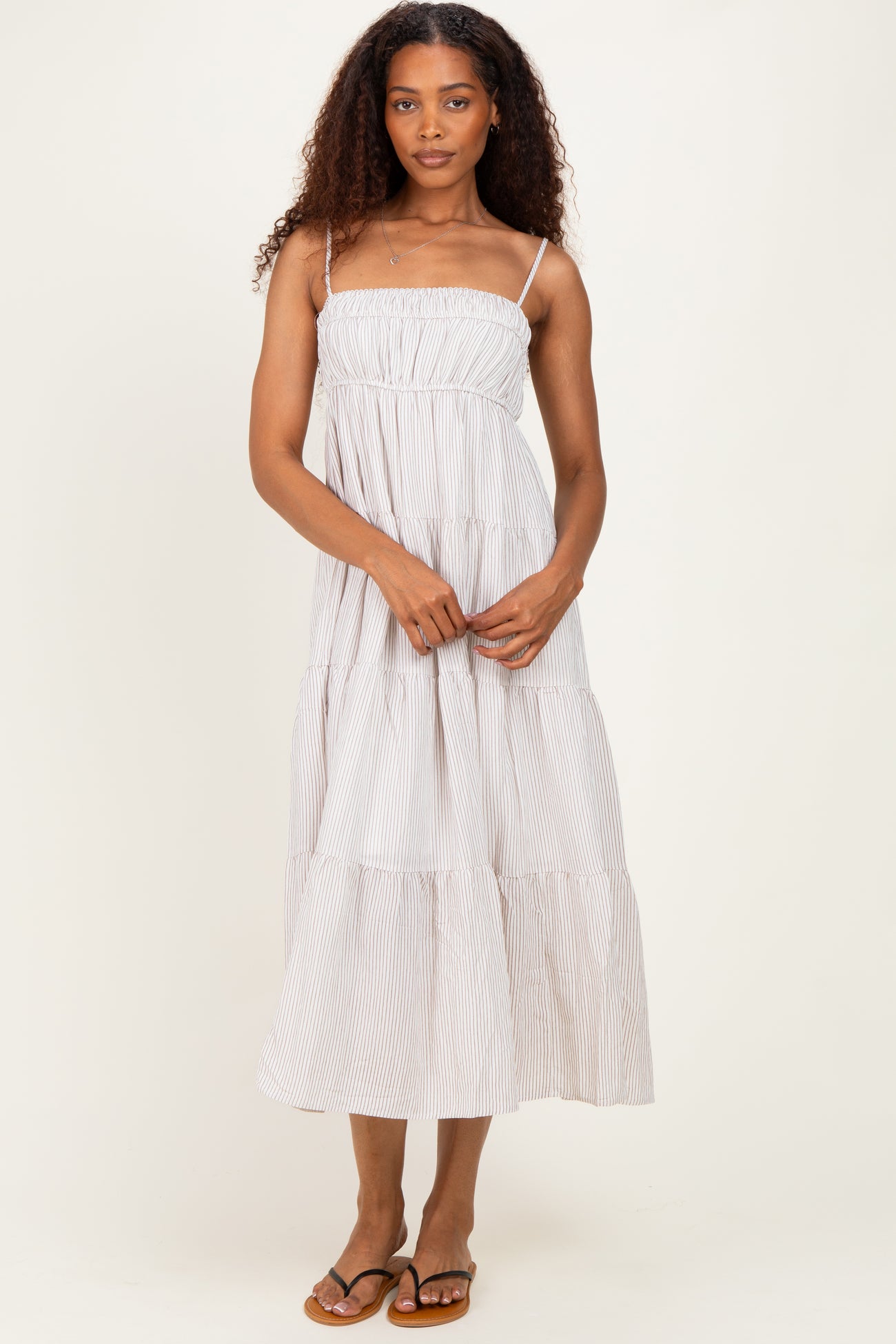 Mocha Striped Empire Waist Tiered Maternity Midi Dress