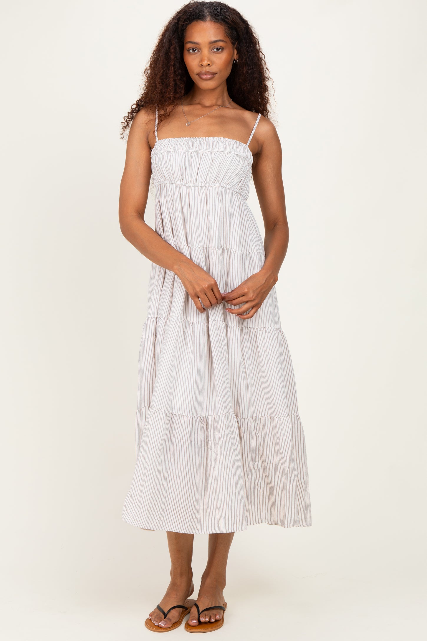 Mocha Striped Empire Waist Tiered Maternity Midi Dress