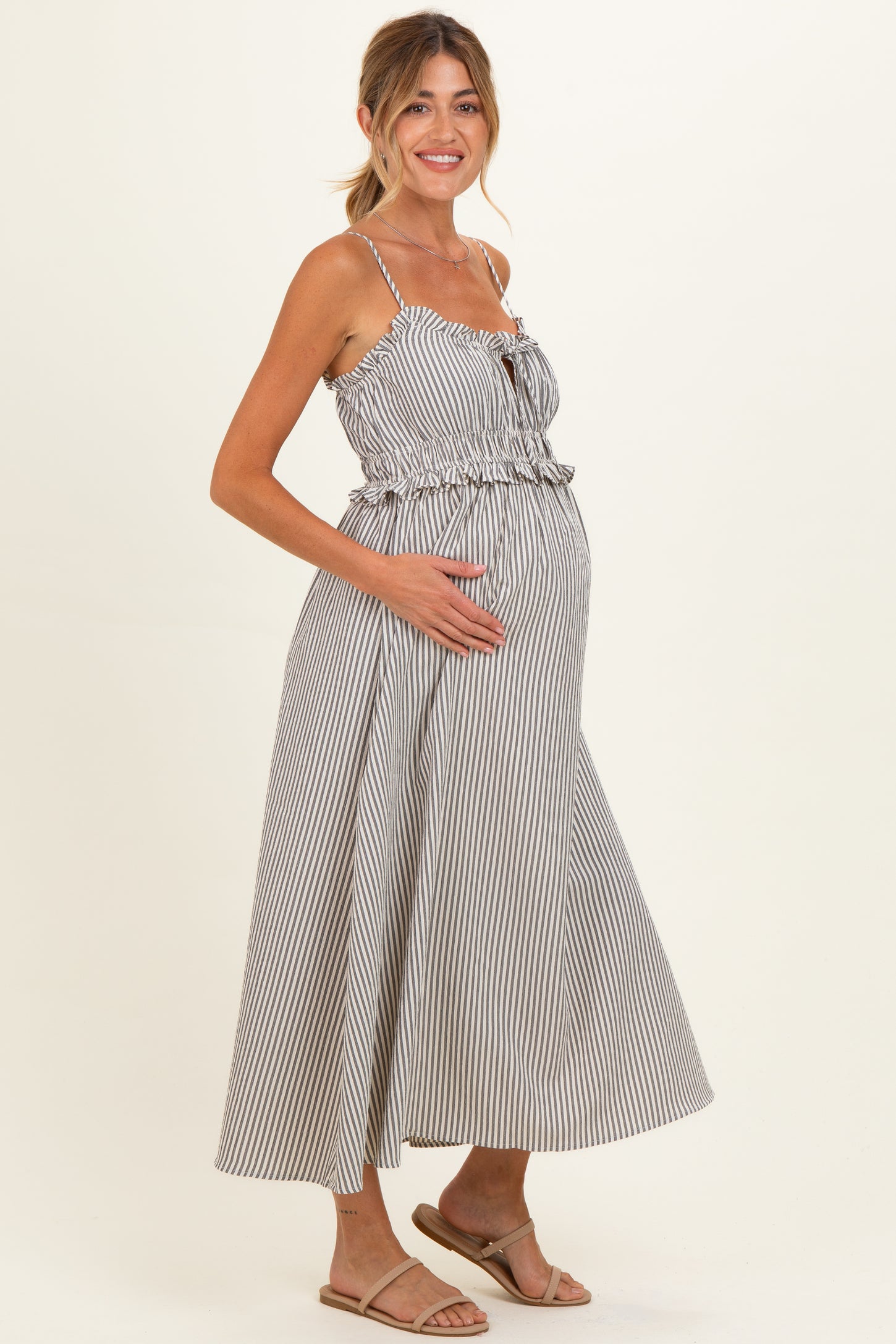 Black Striped Front Tie Cutout Ruffle Maternity Midi Dress