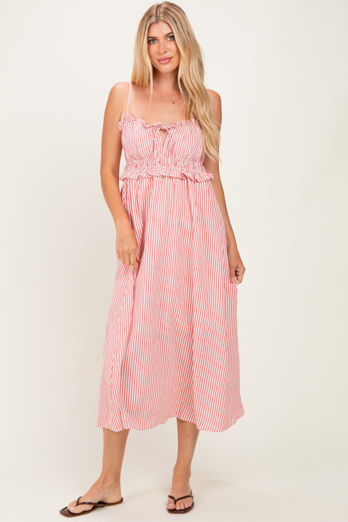 Red Striped Front Tie Cutout Ruffle Midi Dress