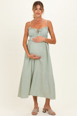 Olive Striped Front Tie Cutout Ruffle Maternity Midi Dress