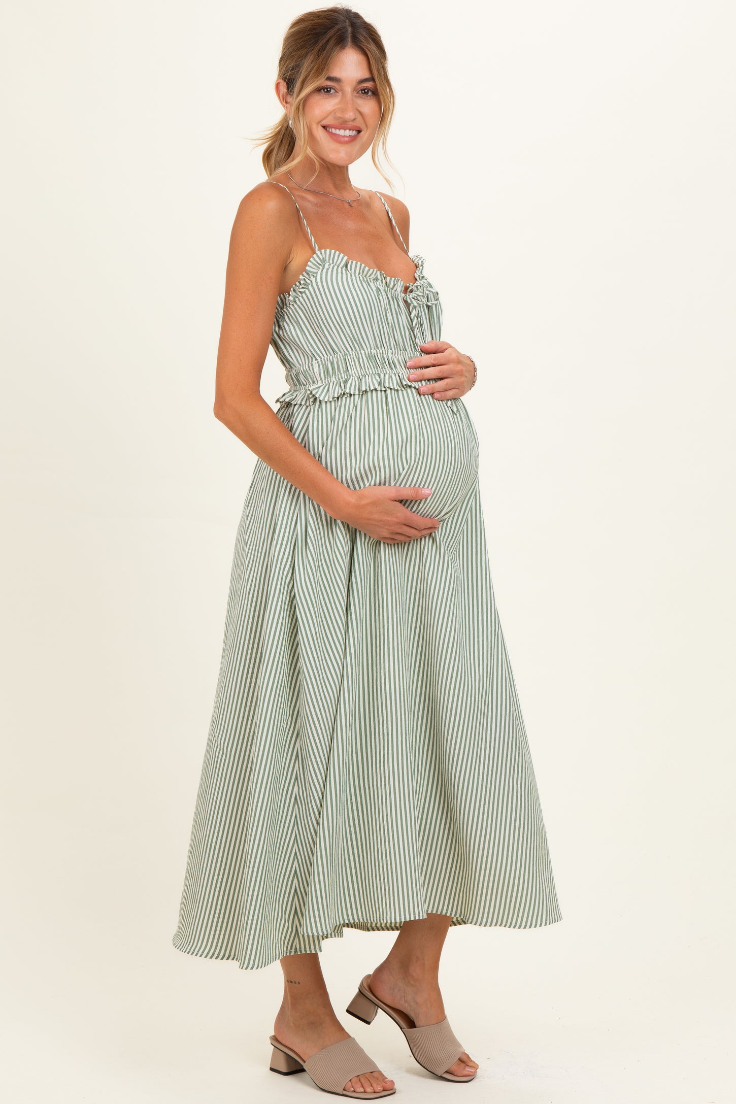 Olive Striped Front Tie Cutout Ruffle Maternity Midi Dress