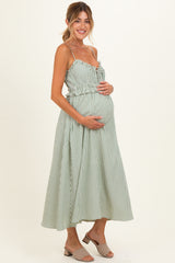 Olive Striped Front Tie Cutout Ruffle Maternity Midi Dress