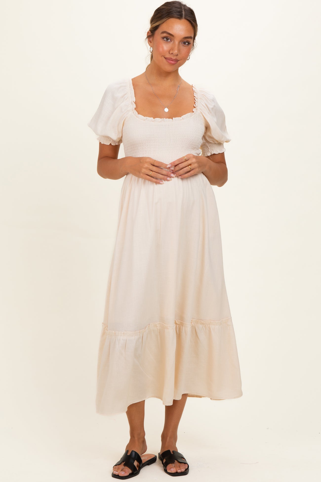Cream Smocked Puff Sleeve Ruffle Trim Maternity Midi Dress