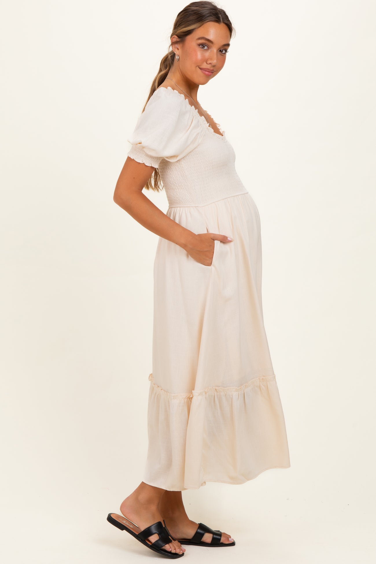 Cream Smocked Puff Sleeve Ruffle Trim Maternity Midi Dress