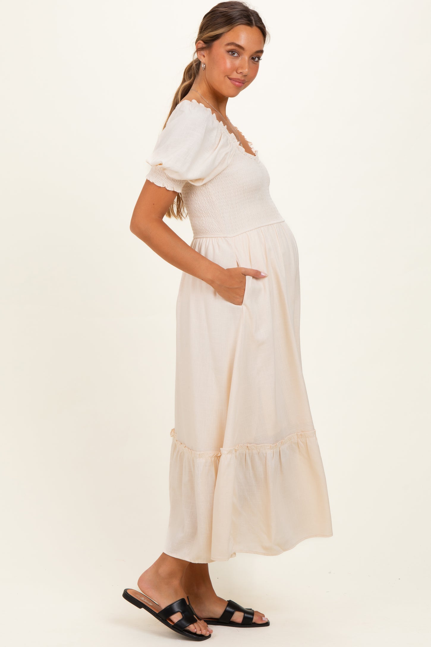 Cream Smocked Puff Sleeve Ruffle Trim Maternity Midi Dress
