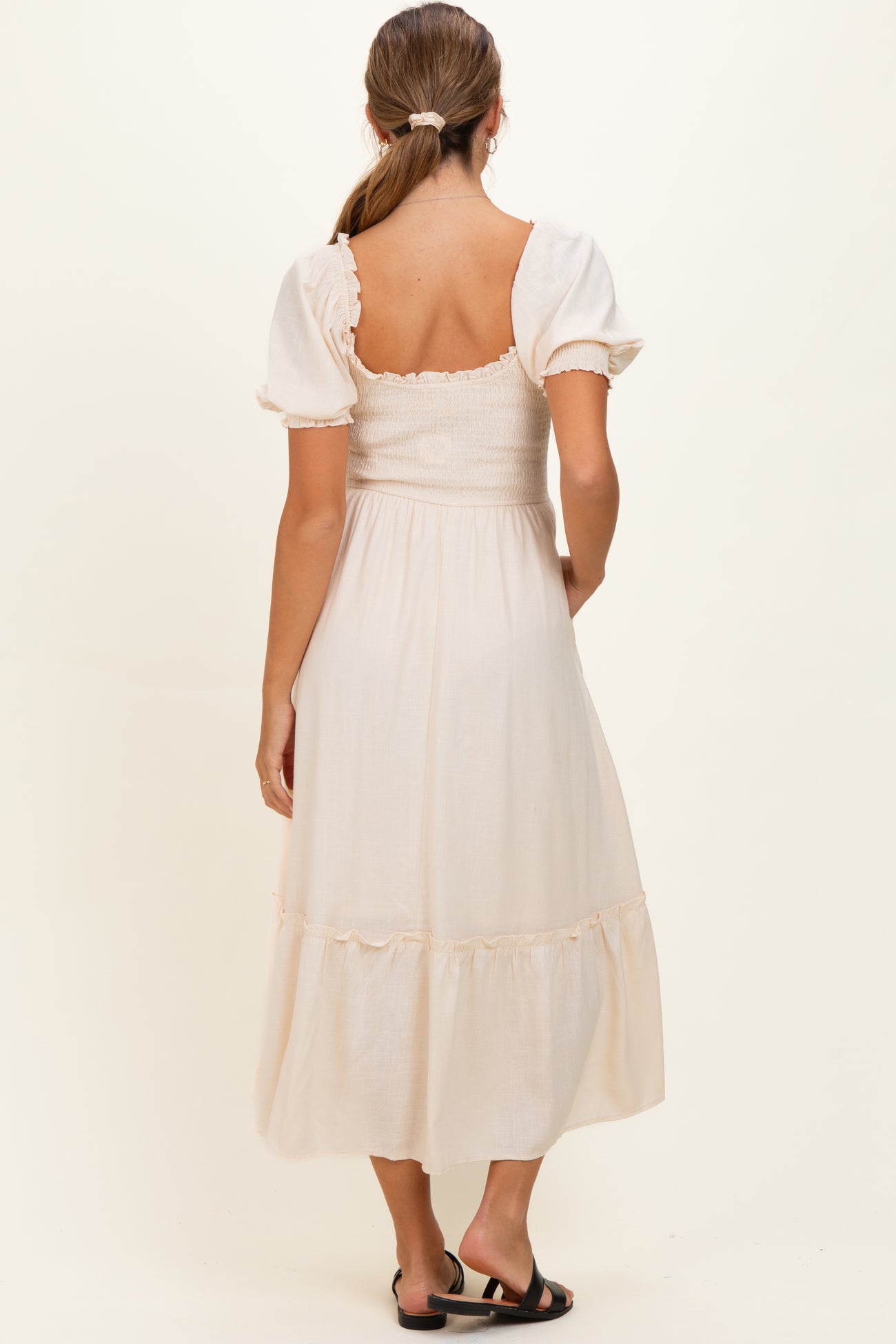 Cream Smocked Puff Sleeve Ruffle Trim Maternity Midi Dress