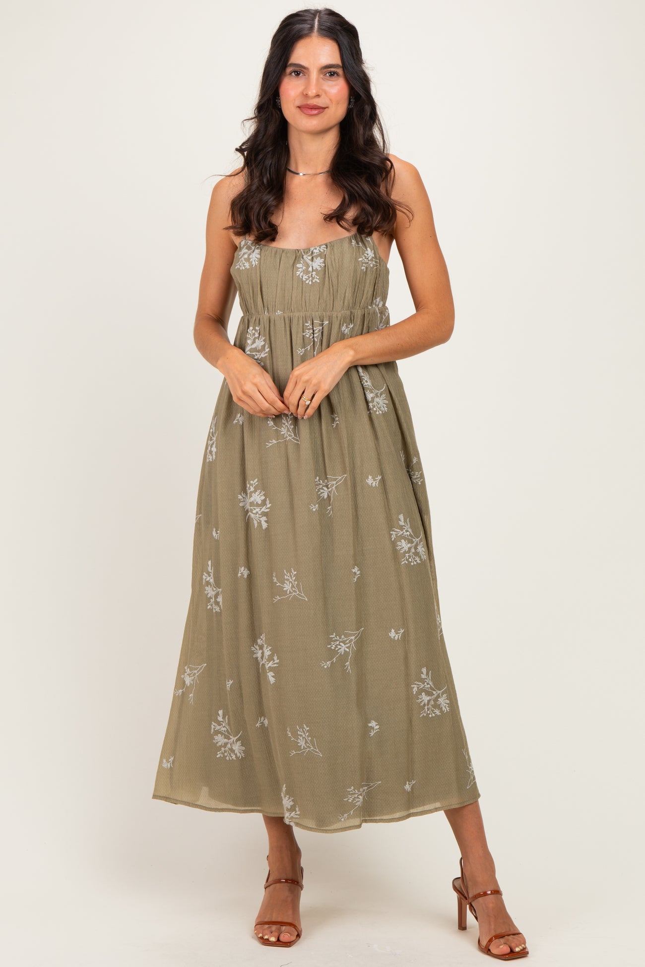 Olive Floral Pleated Maternity Midi Dress