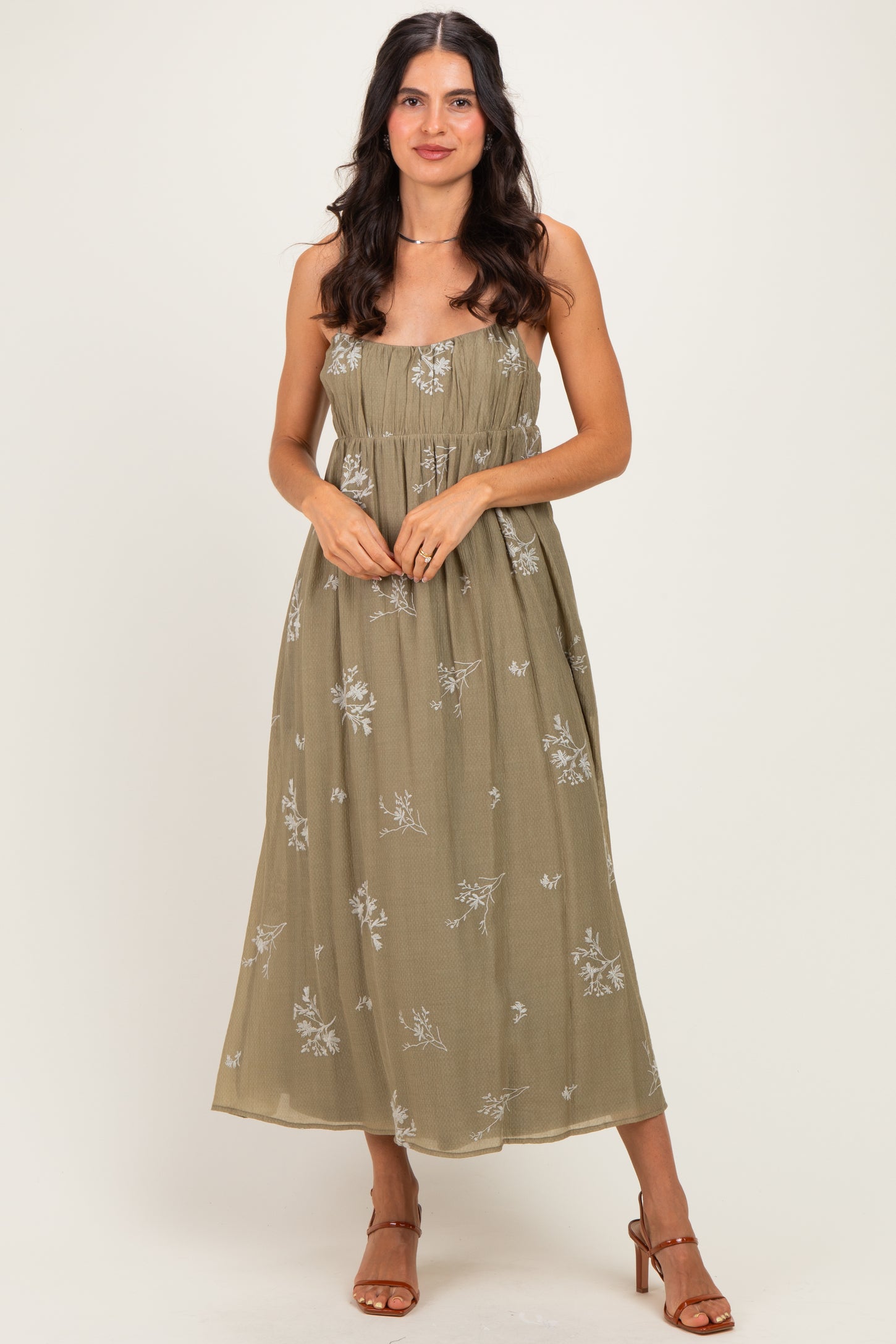 Olive Floral Pleated Maternity Midi Dress