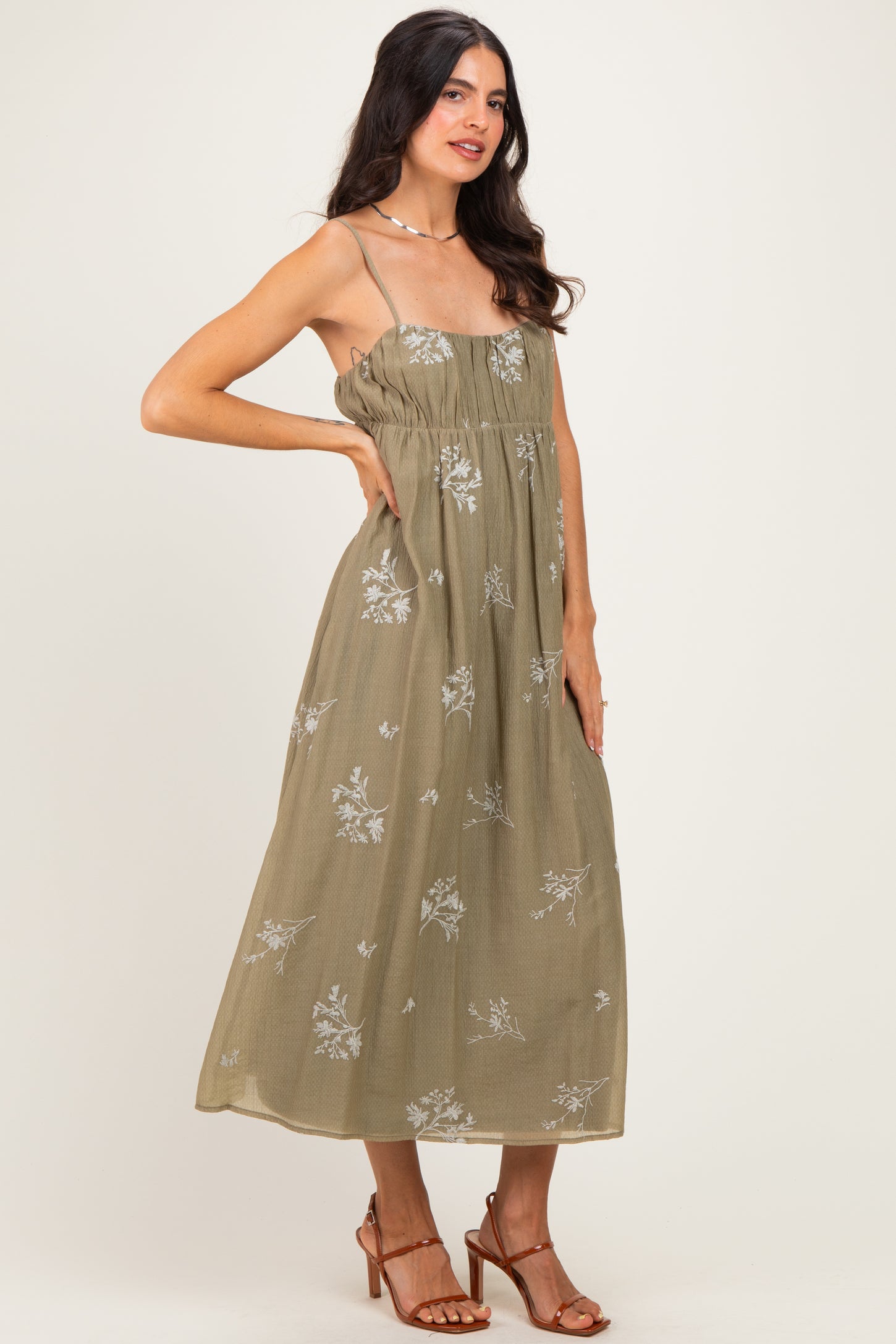 Olive Floral Pleated Maternity Midi Dress