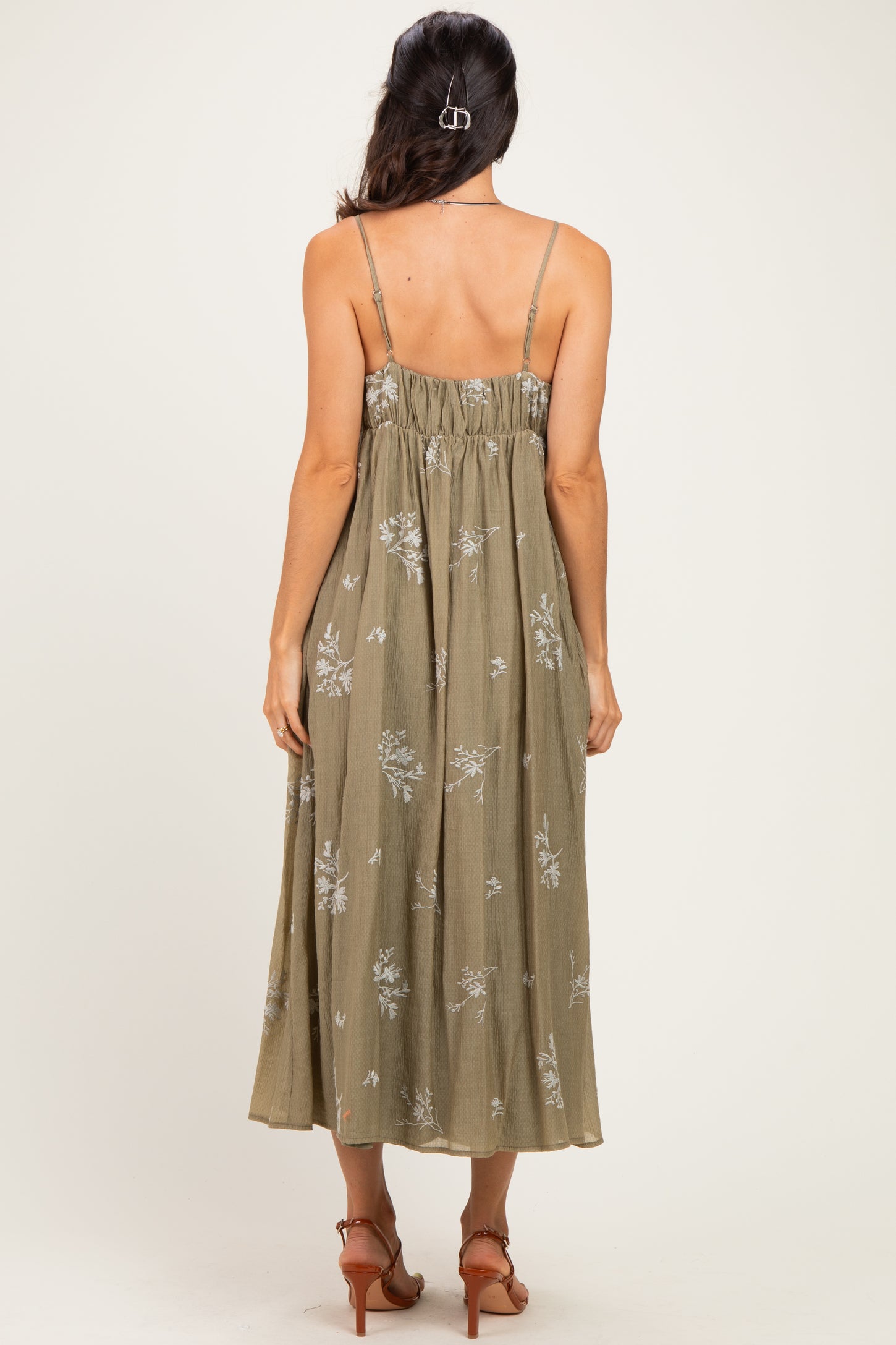 Olive Floral Pleated Maternity Midi Dress