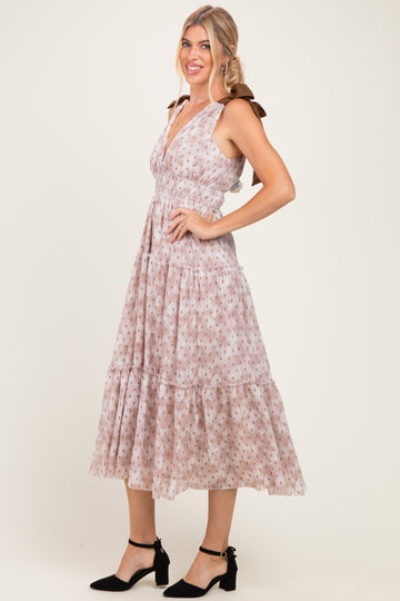 Ivory Floral Deep V Shoulder Tie Dress